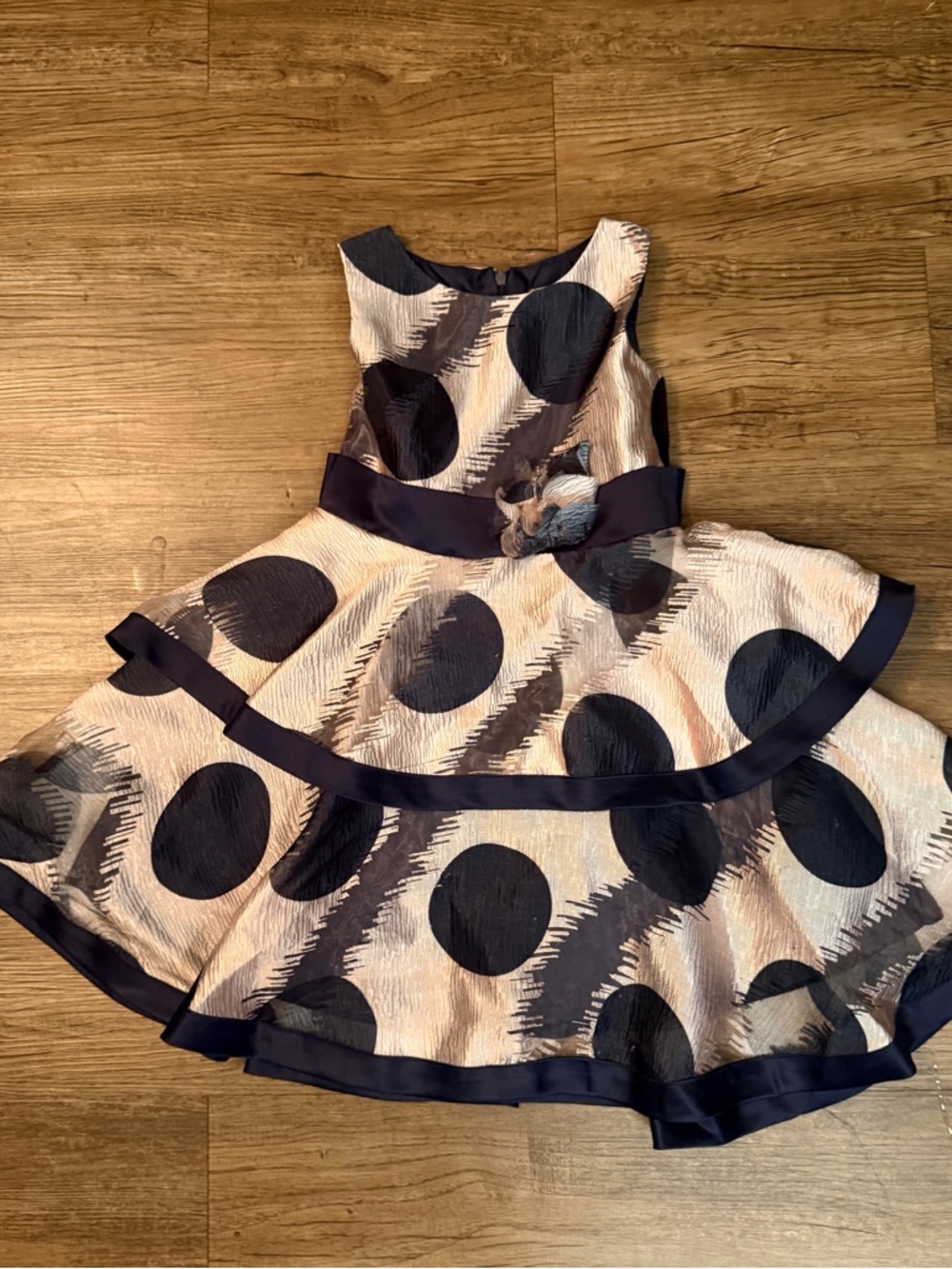 Oris Navy and Cream Polka Dot Party Dress with Floral Sash